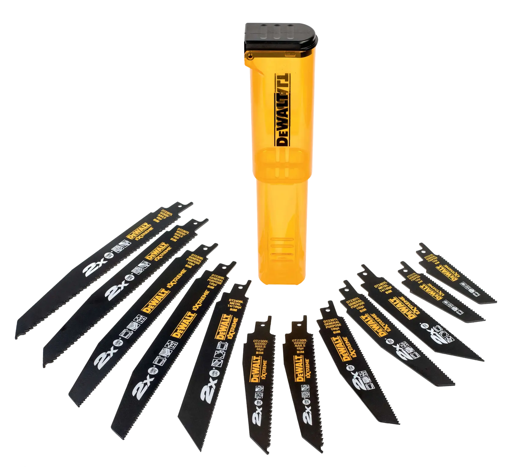 DEWALT DT2441L reciprocating saw blade set shown with a yellow storage case, including multiple black blades arranged in a semi-circle.