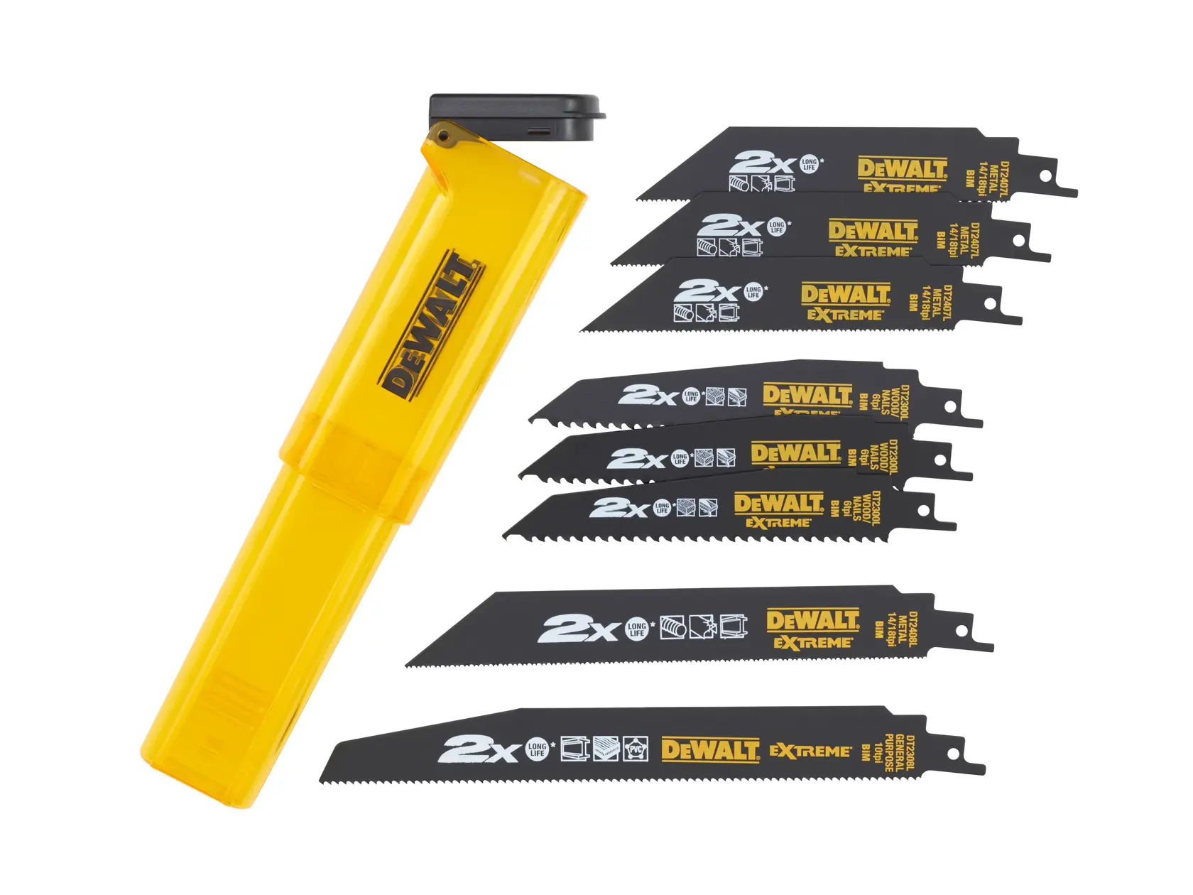 DEWALT DT2443L reciprocating saw blades set with yellow case, includes eight black blades.