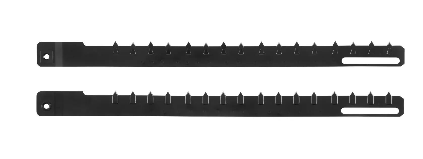 Two black metal replacement blades for a photography-related tool or equipment, each with a row of pointed teeth and fixing holes on one end.