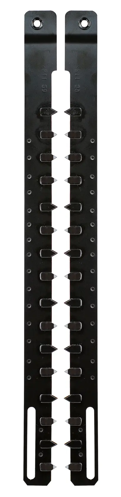 Black metal DEWALT replacement blade for hedge trimmer, two long strips with teeth and mounting holes.