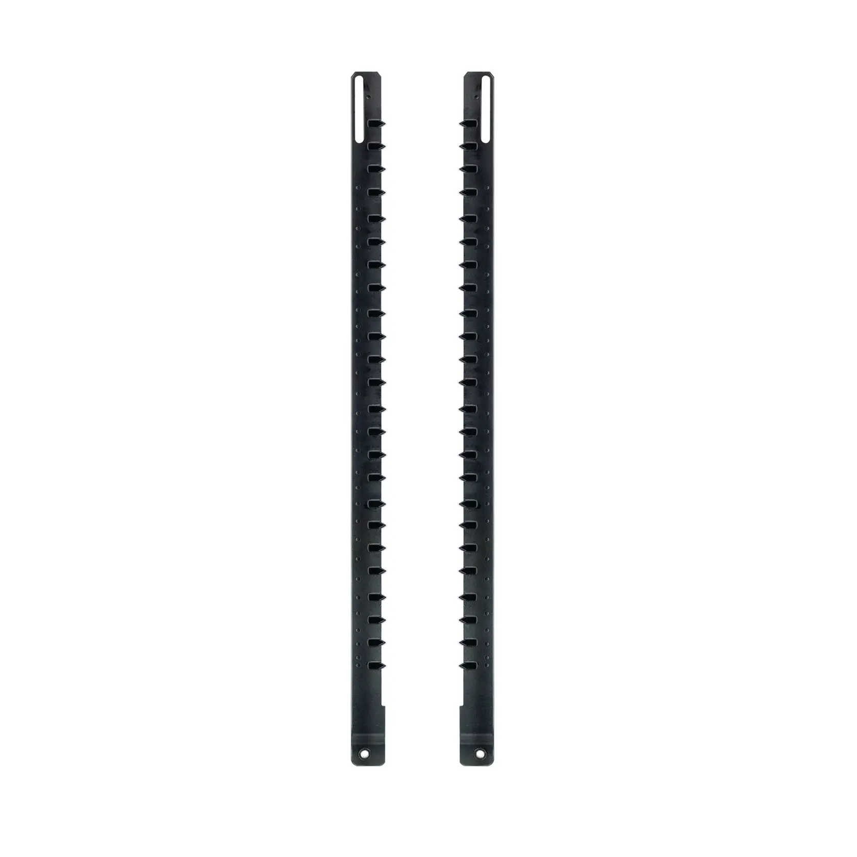 Two black DEWALT DT2964 straight plastic guide rails, shown side by side on a white background.