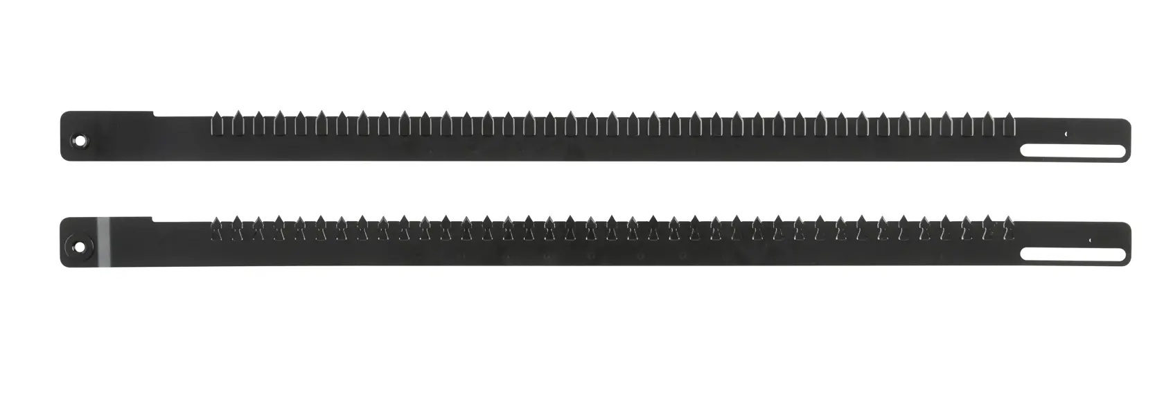 Two black DEWALT replacement blades with teeth, shown side by side on a white background.