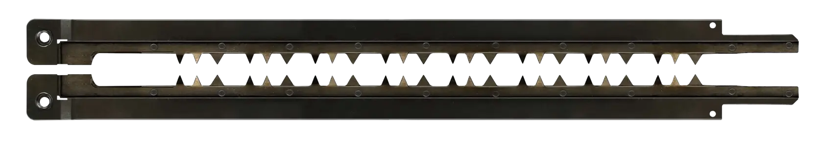 A pair of DEWALT replacement saw blades with jagged teeth, designed for use with power tools, shown against a white background.