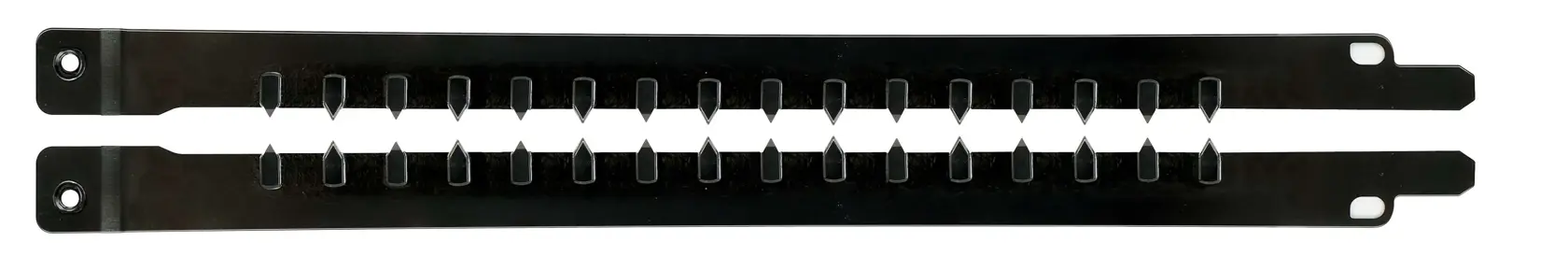 Black metal rack panel with slots and mounting holes, designed for organizing cables or tools.