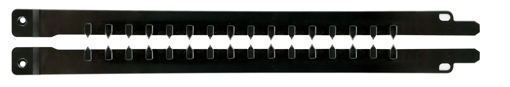 Black metal guide bar with evenly spaced slots for supporting or organizing tools and accessories.