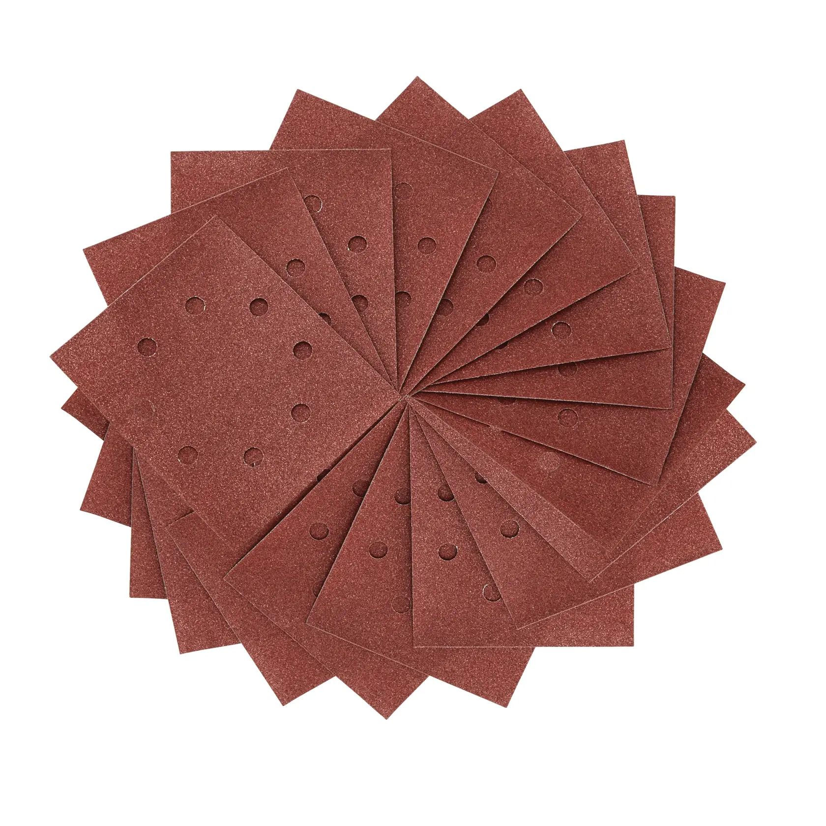 Stacked rectangular sandpaper sheets with holes, arranged in a circular pattern on a white background.