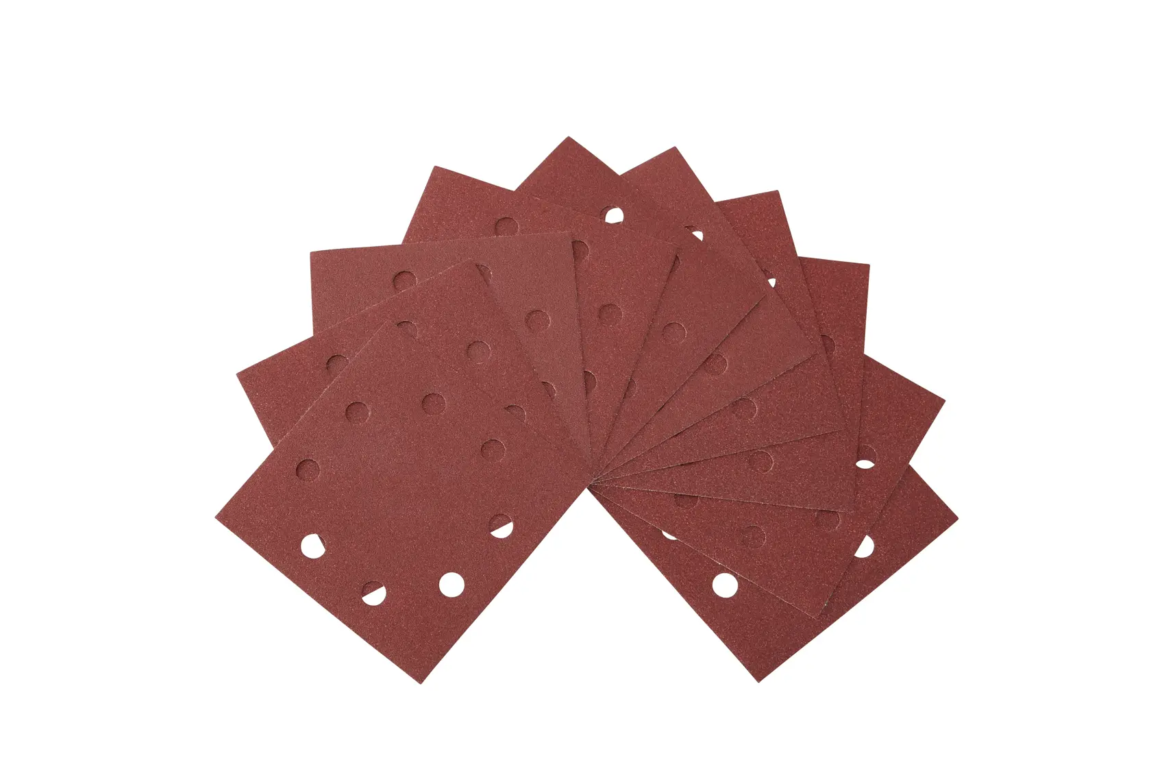 A set of rectangular DEWALT sandpaper sheets with multiple holes, fanned out on a white background.
