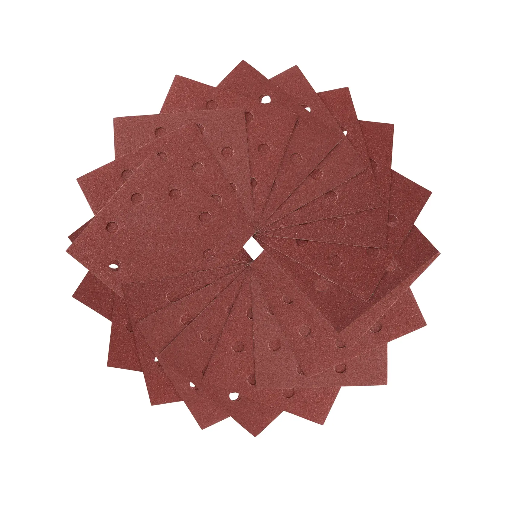 Stacked red rectangular DEWALT sanding sheets with holes, arranged in a circle on a white background.