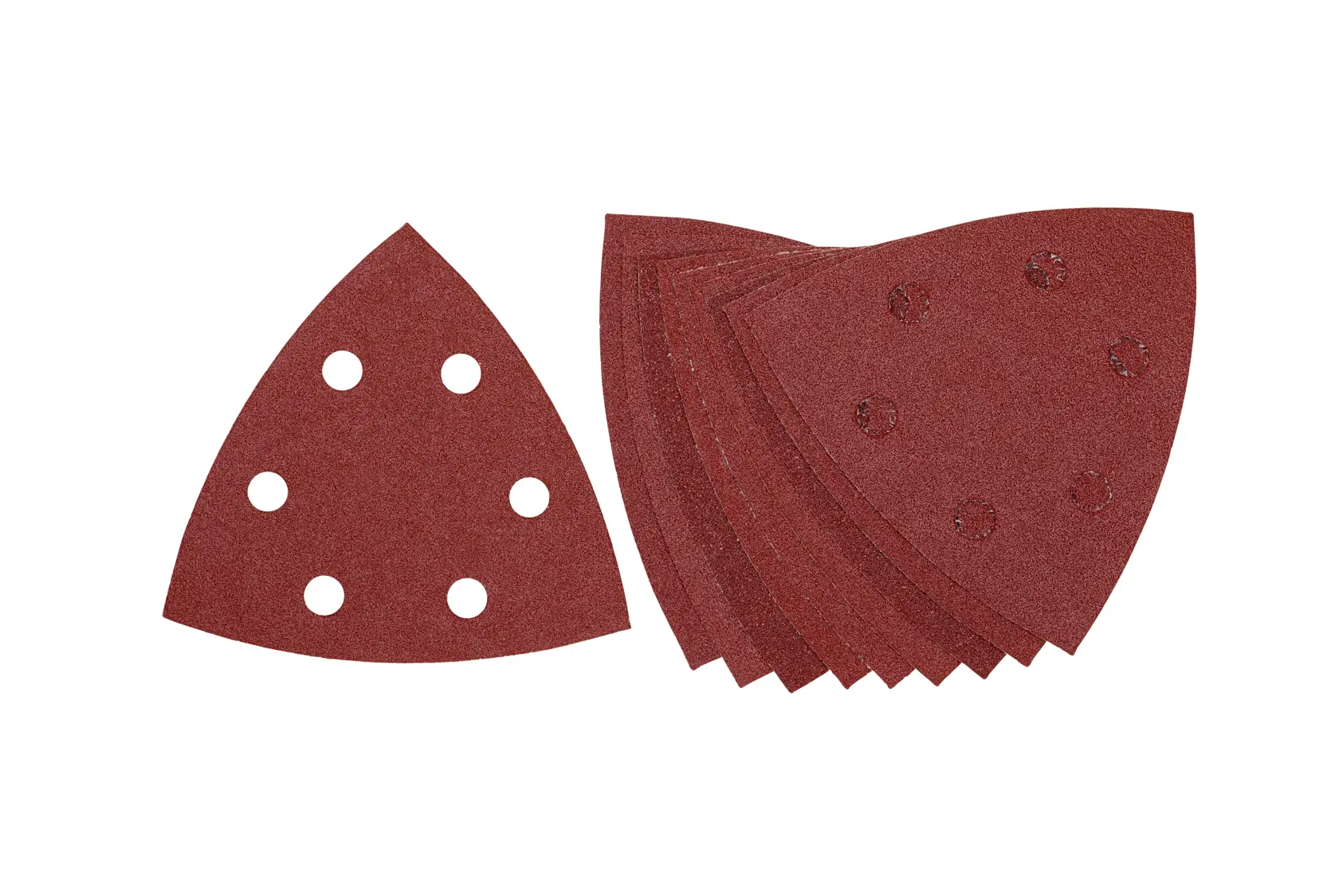 Set of triangular DEWALT sanding sheets with six holes for multi-tool or sander use, displayed in a stack.