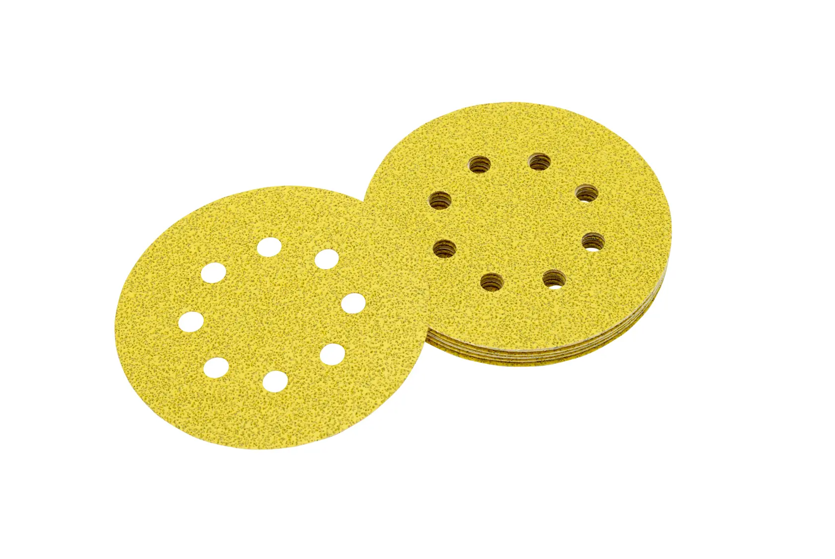 Stack of round yellow sanding discs with holes for dust extraction.