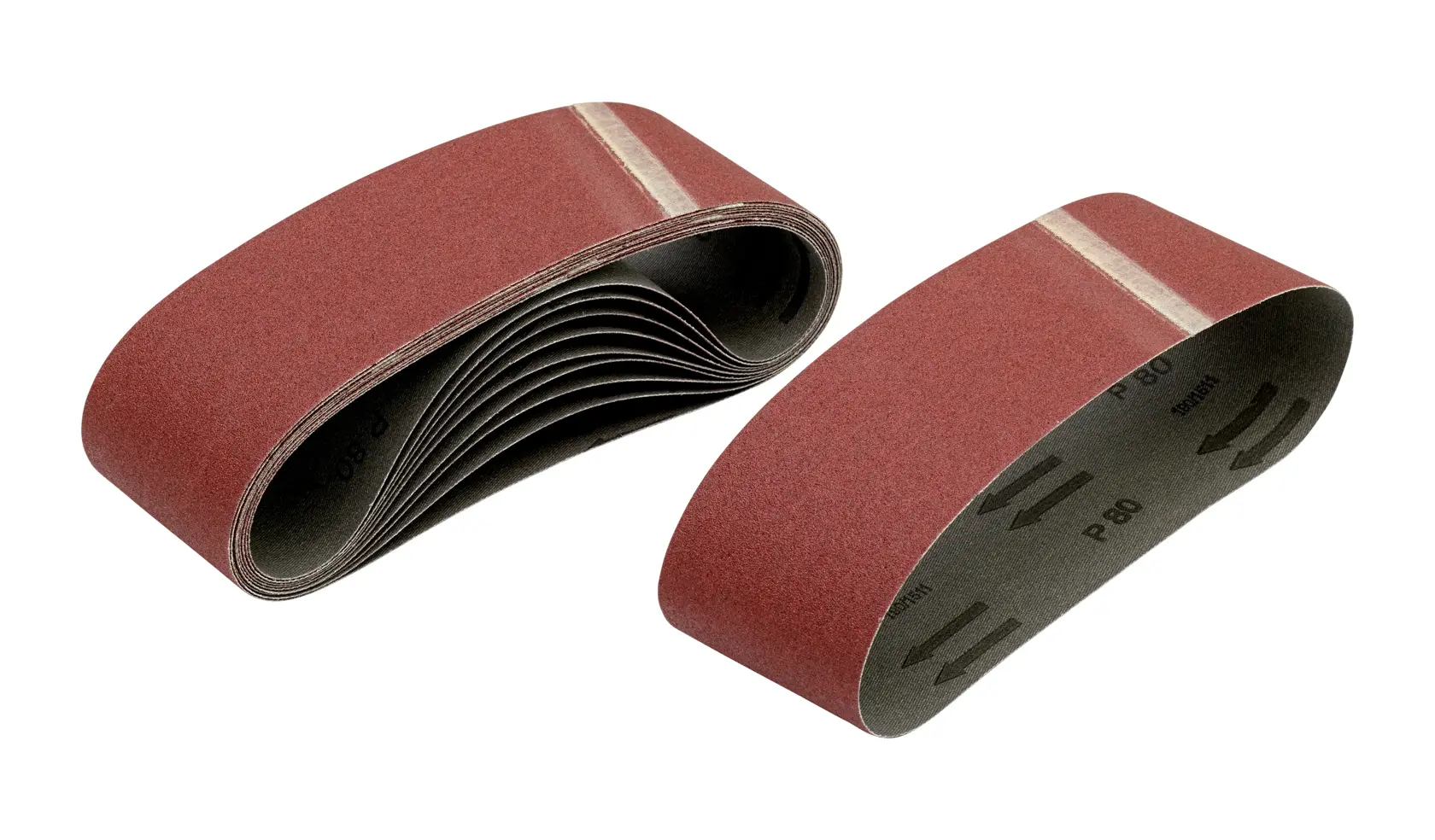 Two red DEWALT sanding belts with grit markings, used for surface sanding and finishing.
