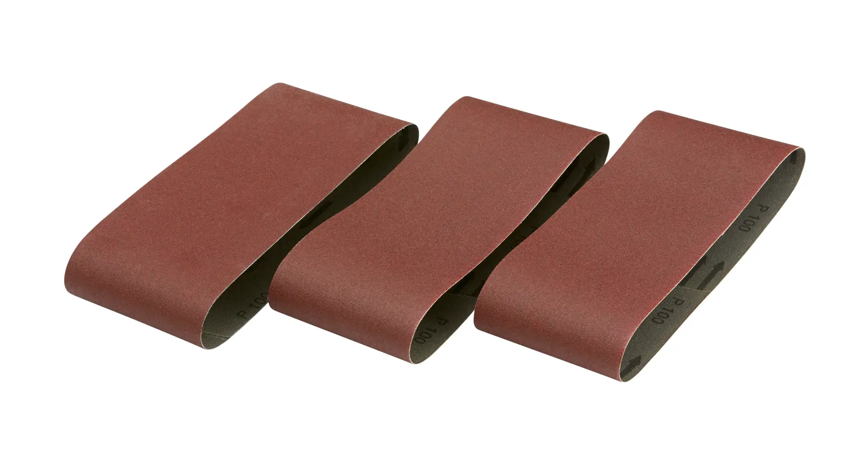 Three brown DEWALT sanding belts for belt sanders, shown side by side on a white background.