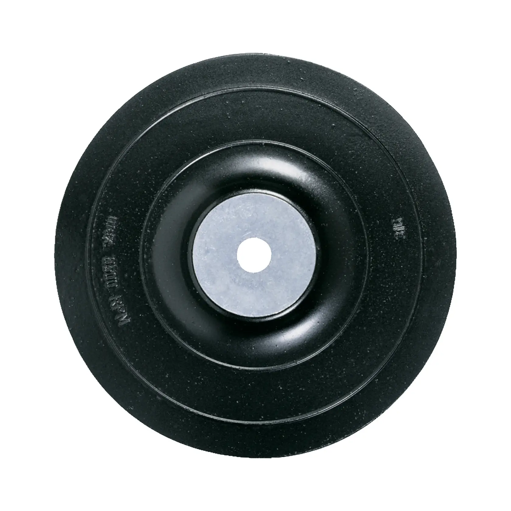 Round DEWALT DT3612 backing pad for abrasive discs, shown from above, black with a central metal hole.