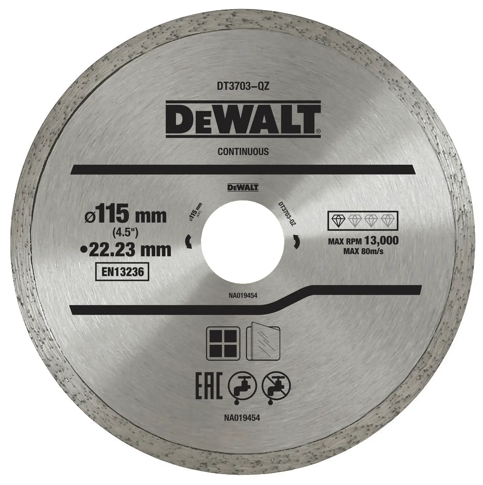 DEWALT DT3703 continuous diamond blade, 115 mm diameter, for cutting stone, glass, and tiles.