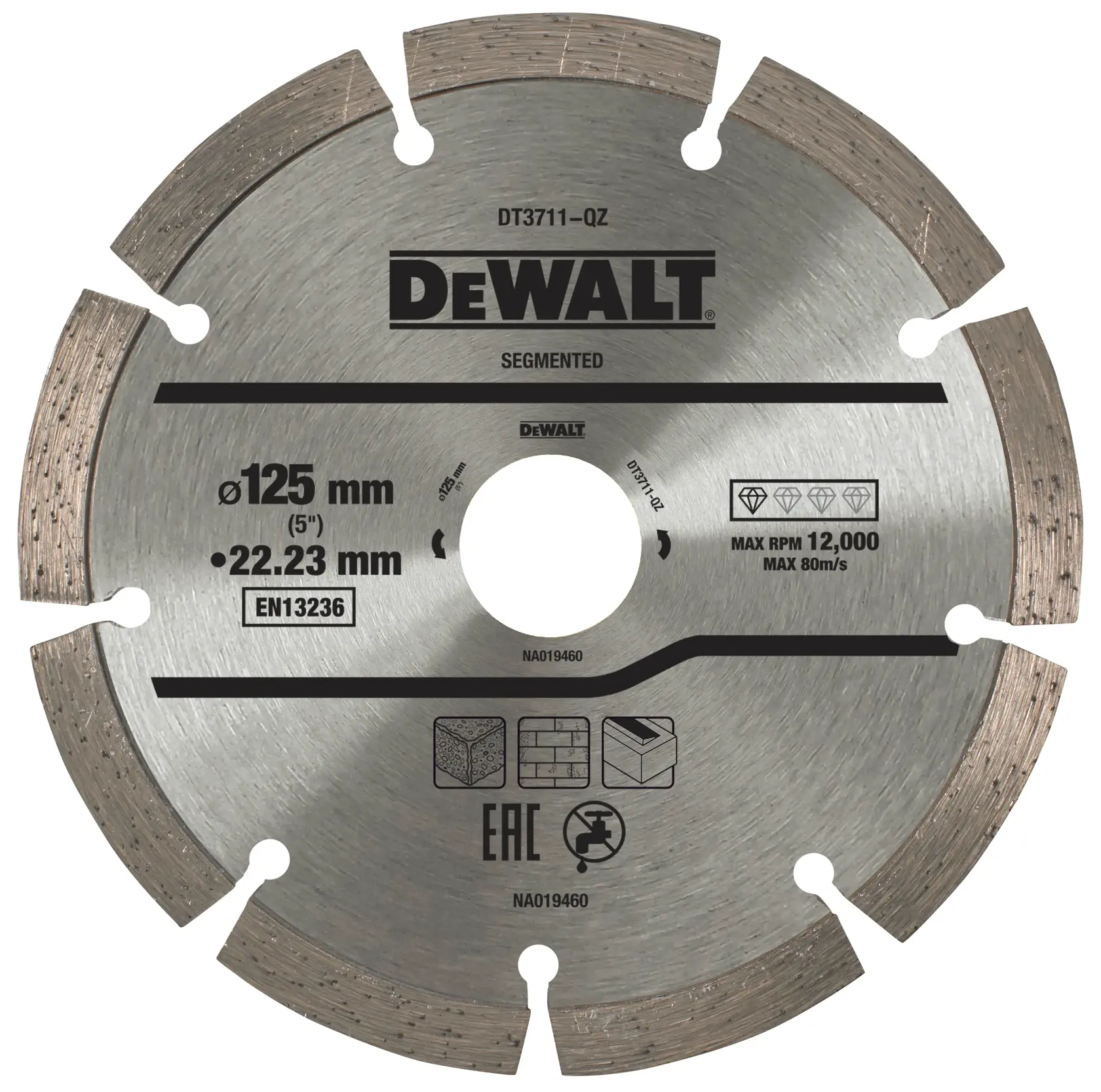 DEWALT segmented diamond blade, 125mm diameter, for cutting stone, concrete, and materials. Model DT3711.
