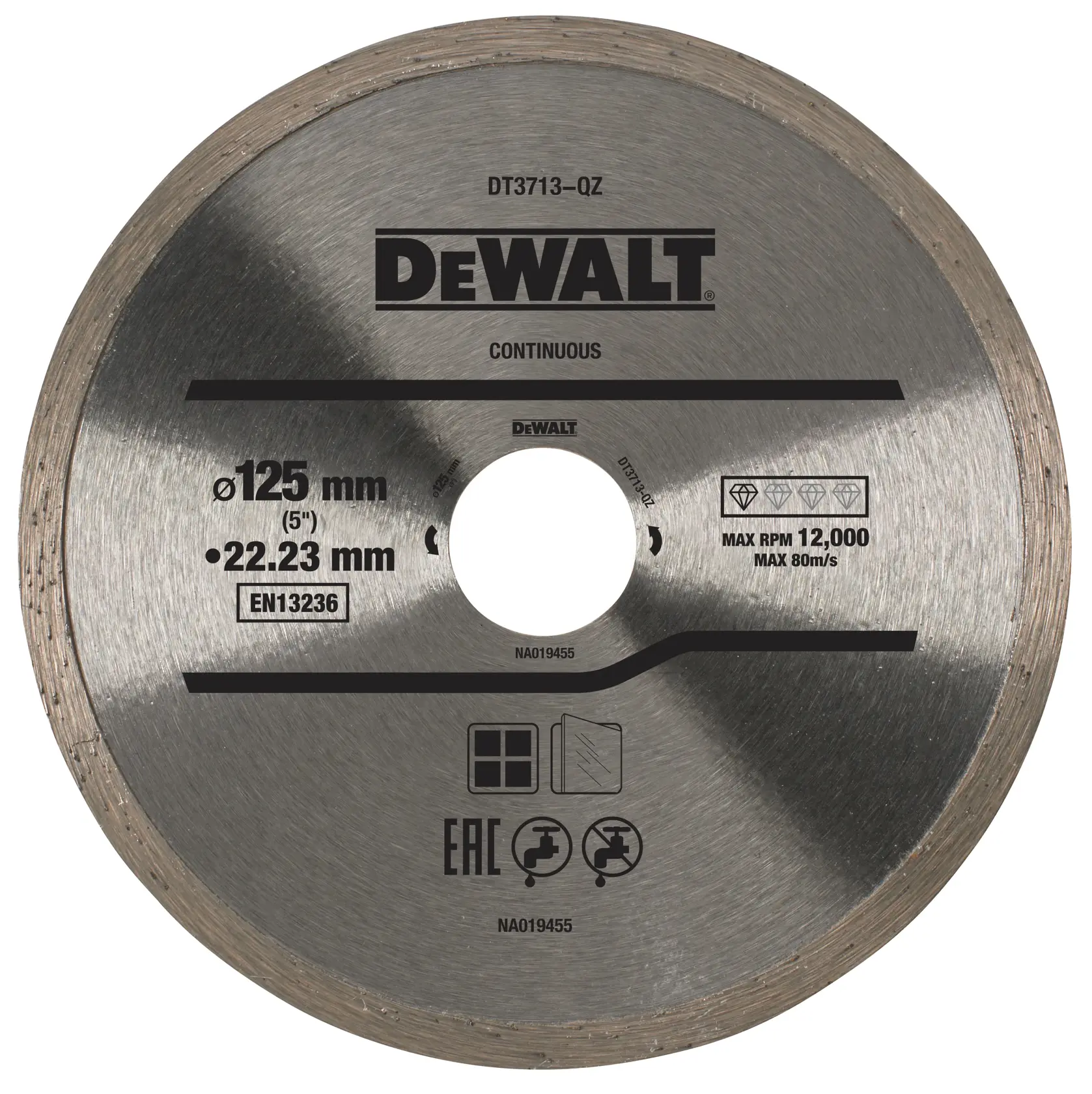 DEWALT DT3713 125mm continuous diamond saw blade for cutting, silver, with technical markings and product info.
