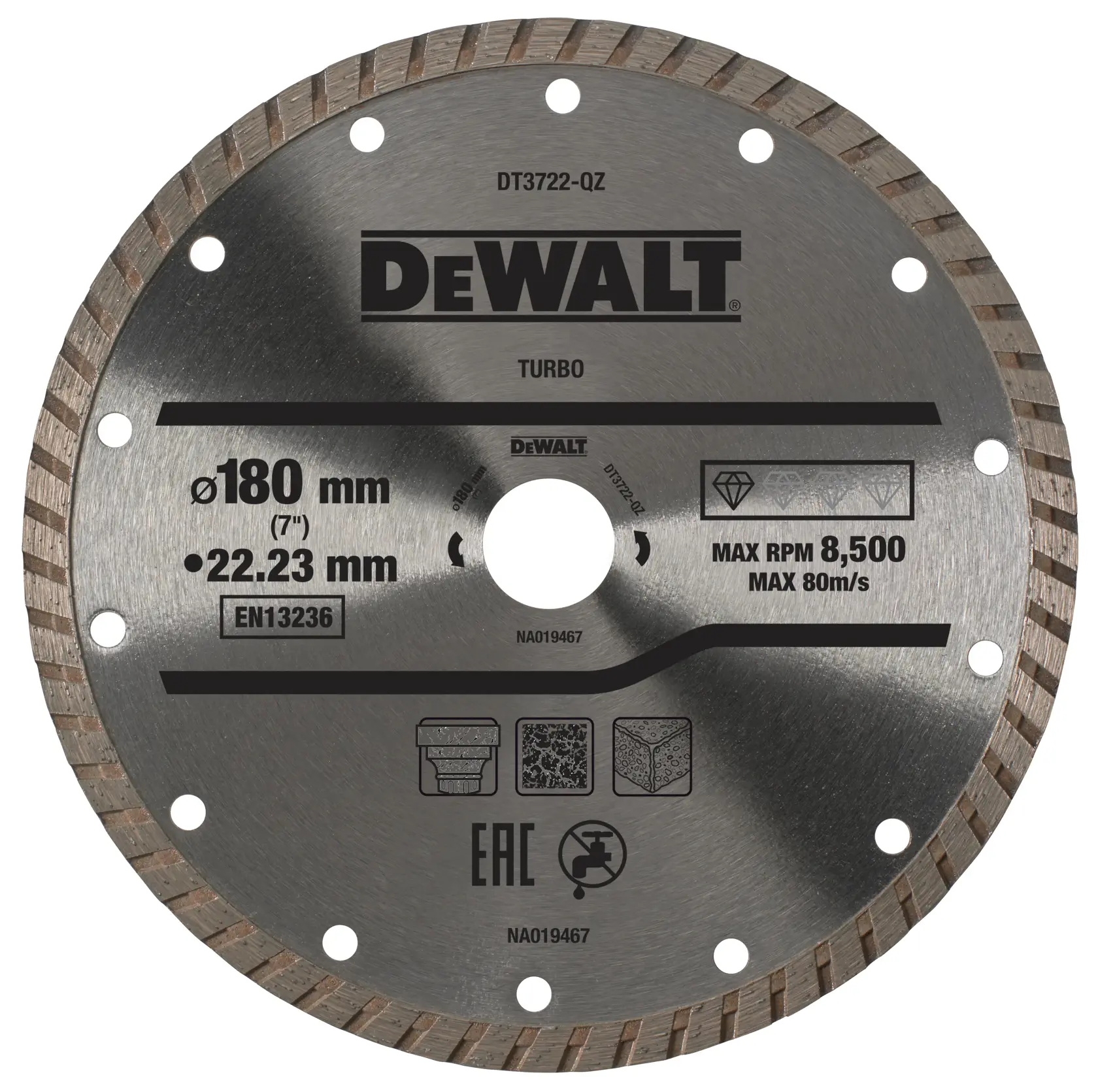 DEWALT DT3722 diamond saw blade, 180mm, turbo, suitable for cutting stone, with max 8,500 RPM.