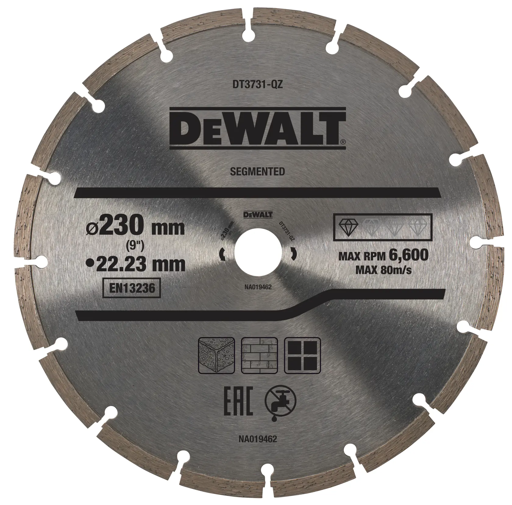 DEWALT segmented diamond saw blade, 230mm diameter, for cutting stone, concrete, and brick.