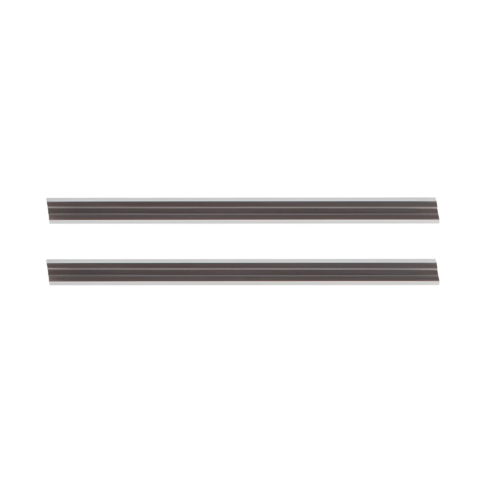 Two straight metal planer blades are shown, arranged parallel on a white background.