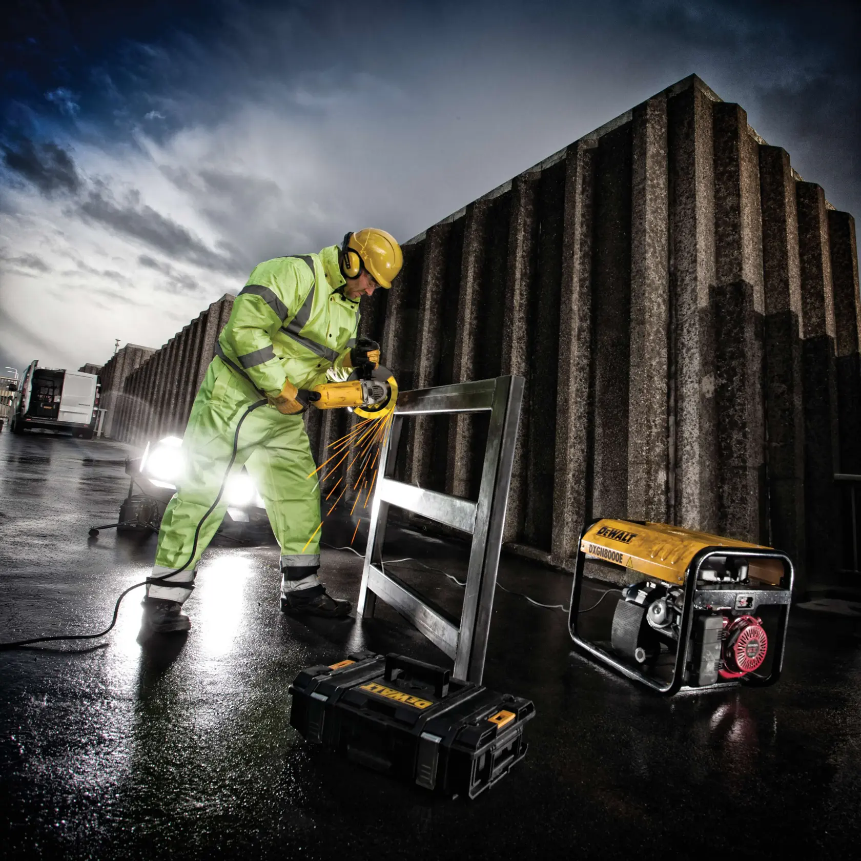 Worker using DEWALT grinder on metal frame outdoors, with DEWALT generator and tool case nearby.