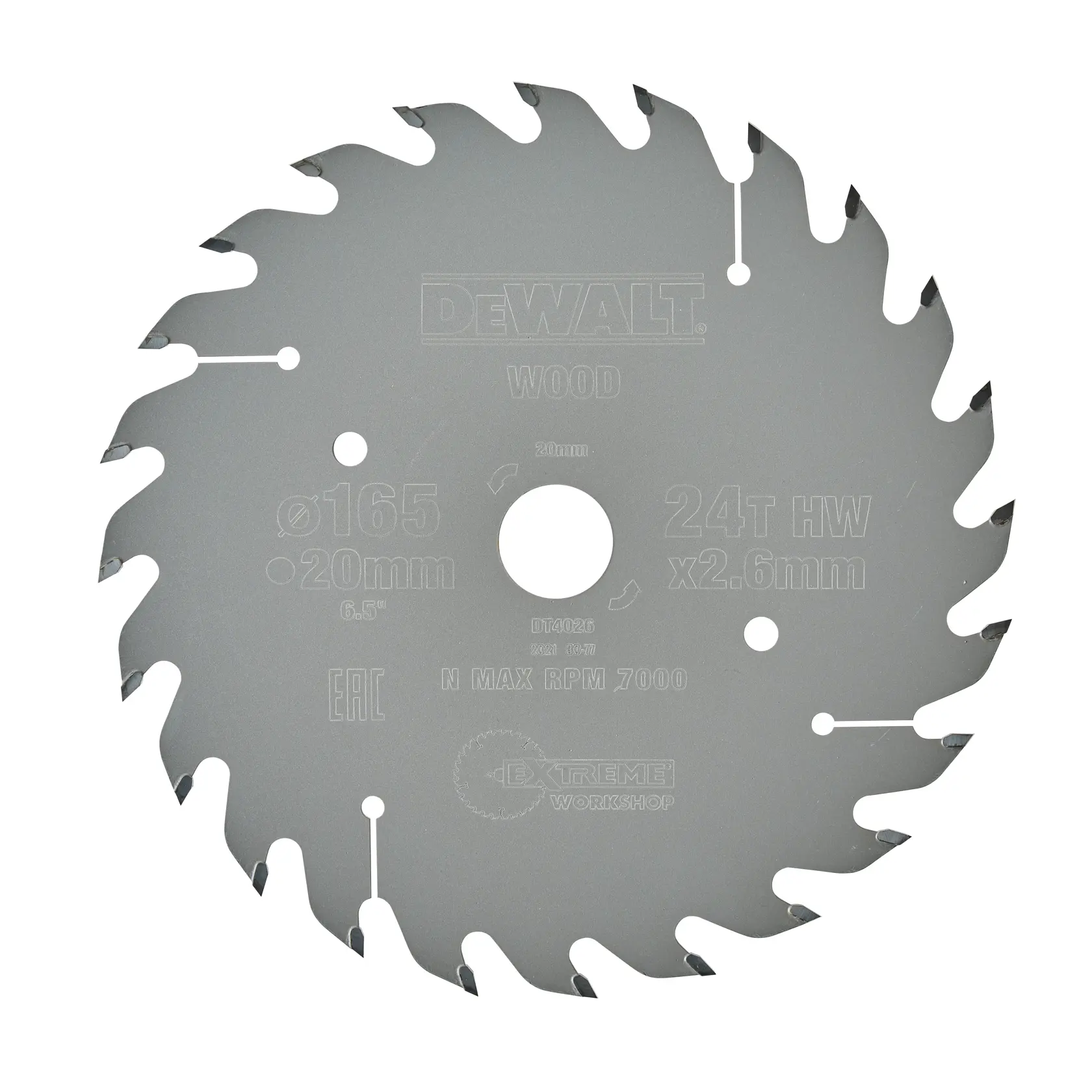 A DEWALT circular saw blade, model DT4026, designed for cutting wood. The blade has 24 teeth and specifications printed on the surface including diameter 165mm, bore 20mm, and a maximum speed of 7000 RPM.