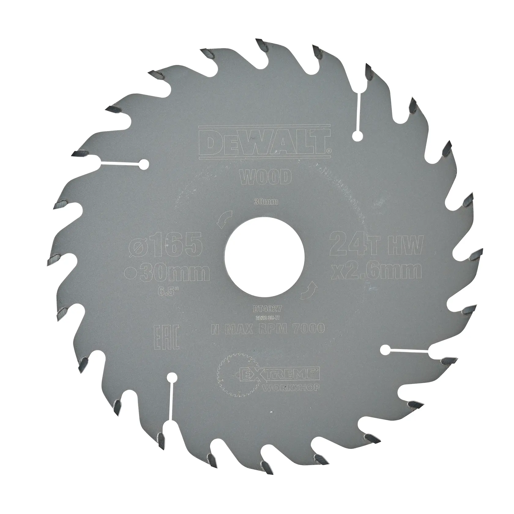 DEWALT DT4027 circular saw blade for wood, 165mm diameter, 24 teeth, 30mm bore, silver color.