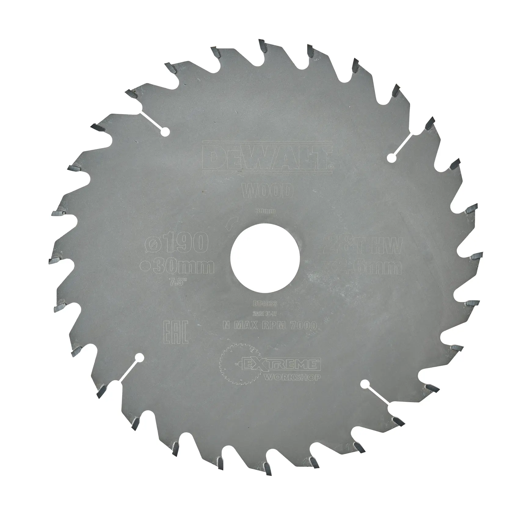 Circular saw blade for wood with sharp teeth, designed by DEWALT, SKU DT4033, diameter 190mm and 30mm center hole.