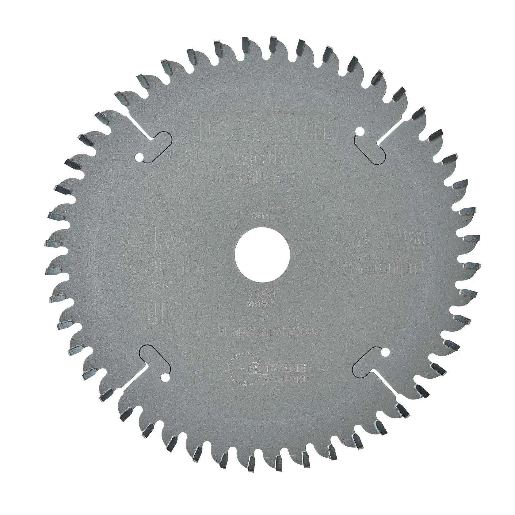 DEWALT DT4084 circular saw blade for wood and laminate, silver, with sharp teeth and central mounting hole.