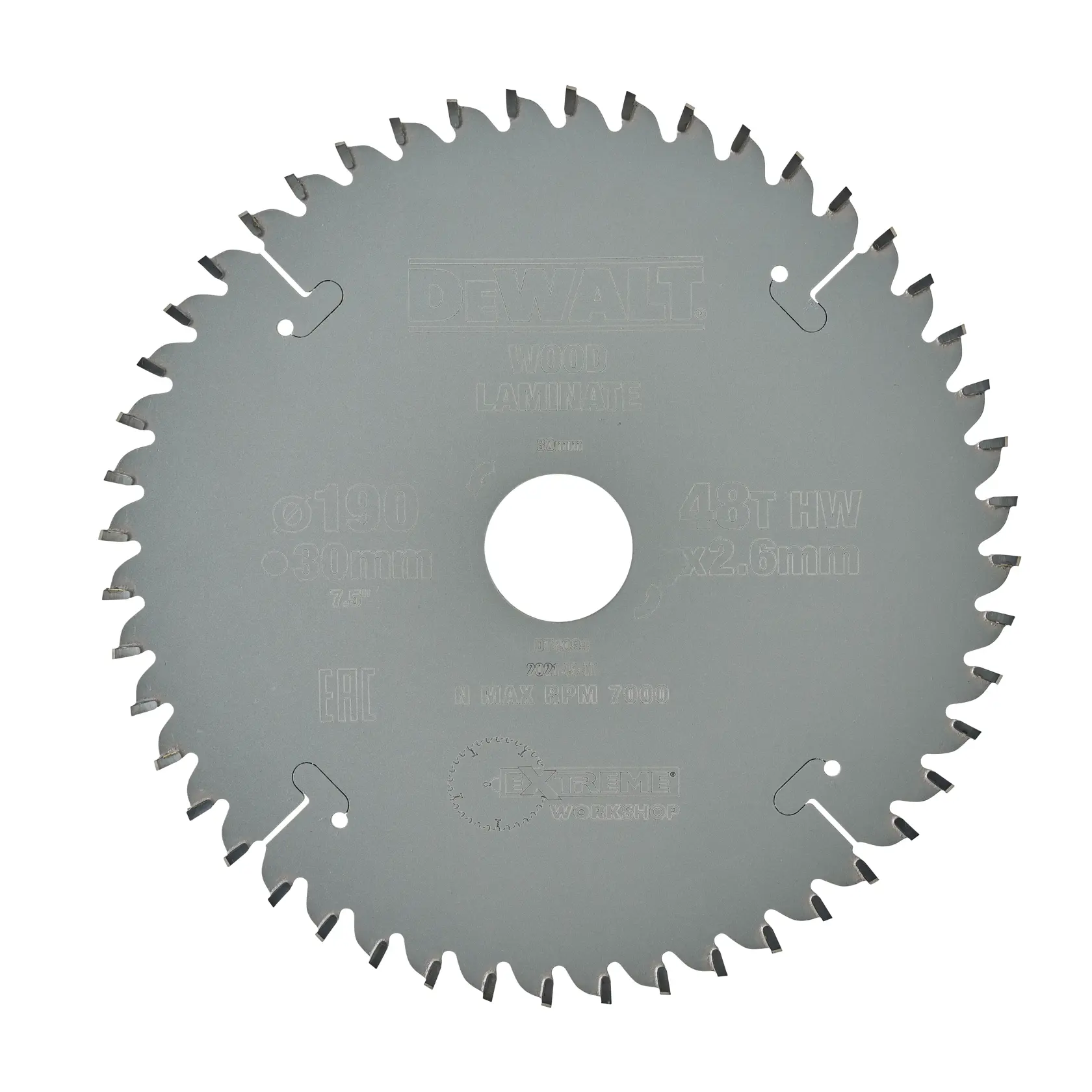 DEWALT DT4094 circular saw blade for wood and laminate, 190mm diameter, 48 teeth, silver color.