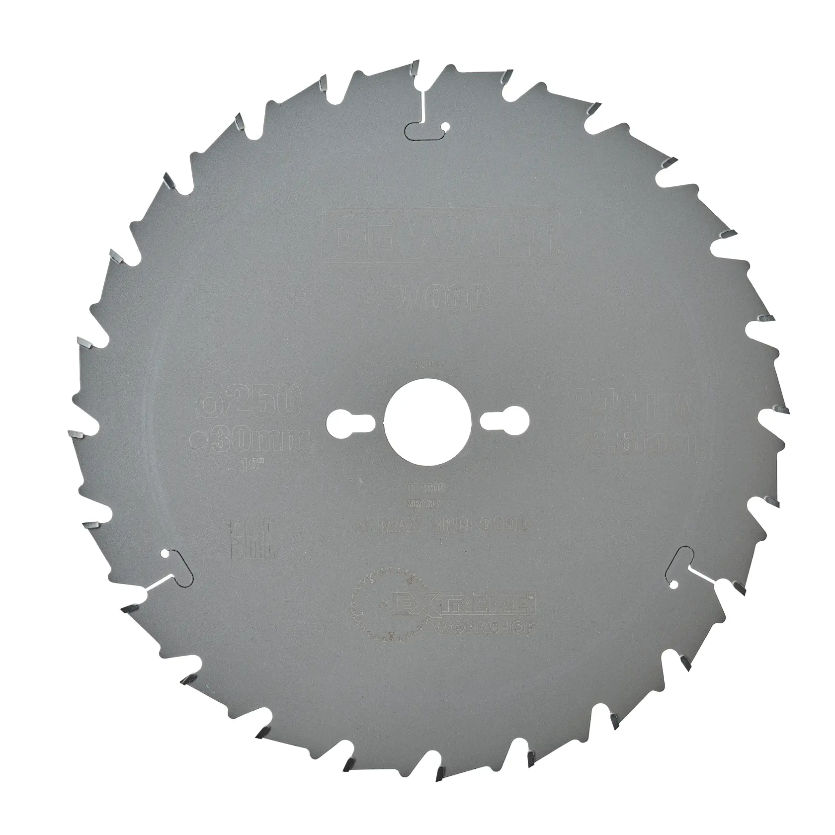 DEWALT circular saw blade for wood, model DT4202, with sharp teeth and a central mounting hole.