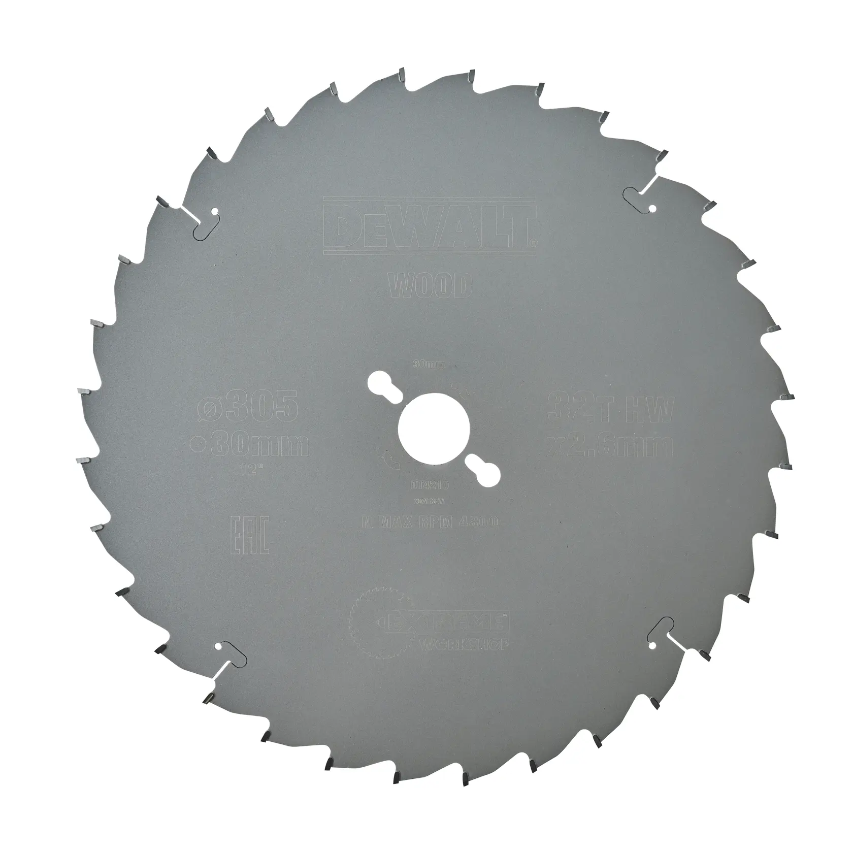 A circular saw blade for wood cutting from DEWALT, model DT4210, with 305mm diameter, 30mm arbor, and 32 teeth.