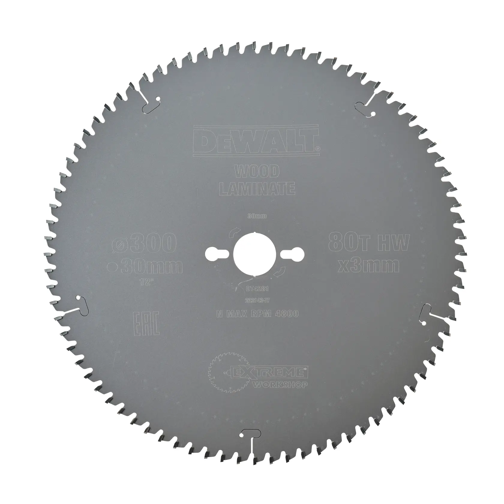 DEWALT DT4281 circular saw blade for wood laminate, 300mm diameter, 80 teeth, gray metal finish.