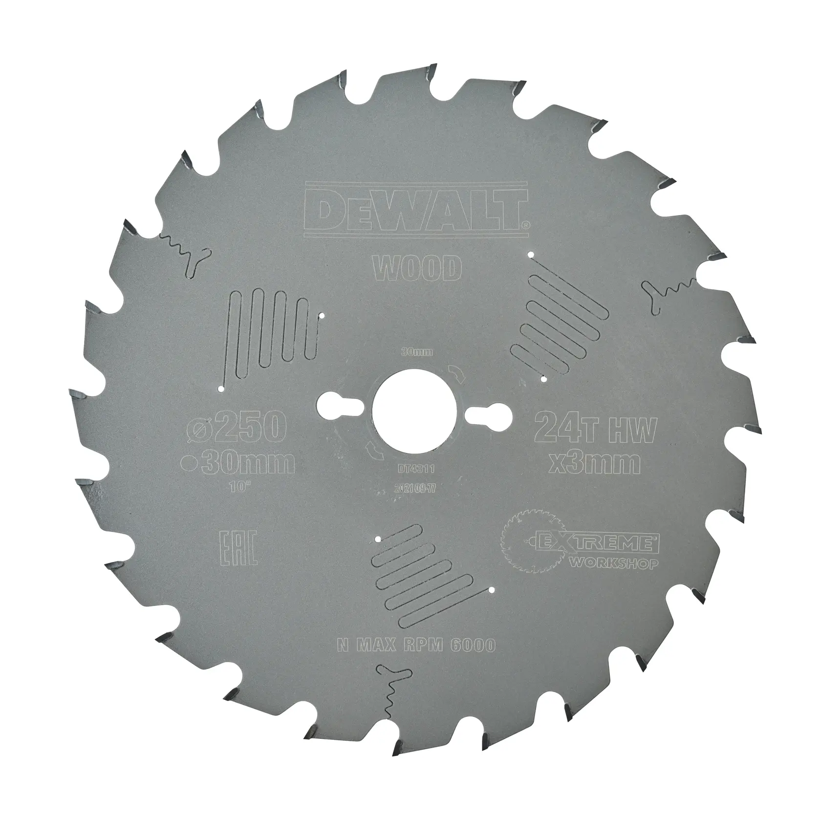 DEWALT DT4311 circular saw blade for wood, 24 teeth, 250mm diameter, 30mm bore, suitable for workshop use.