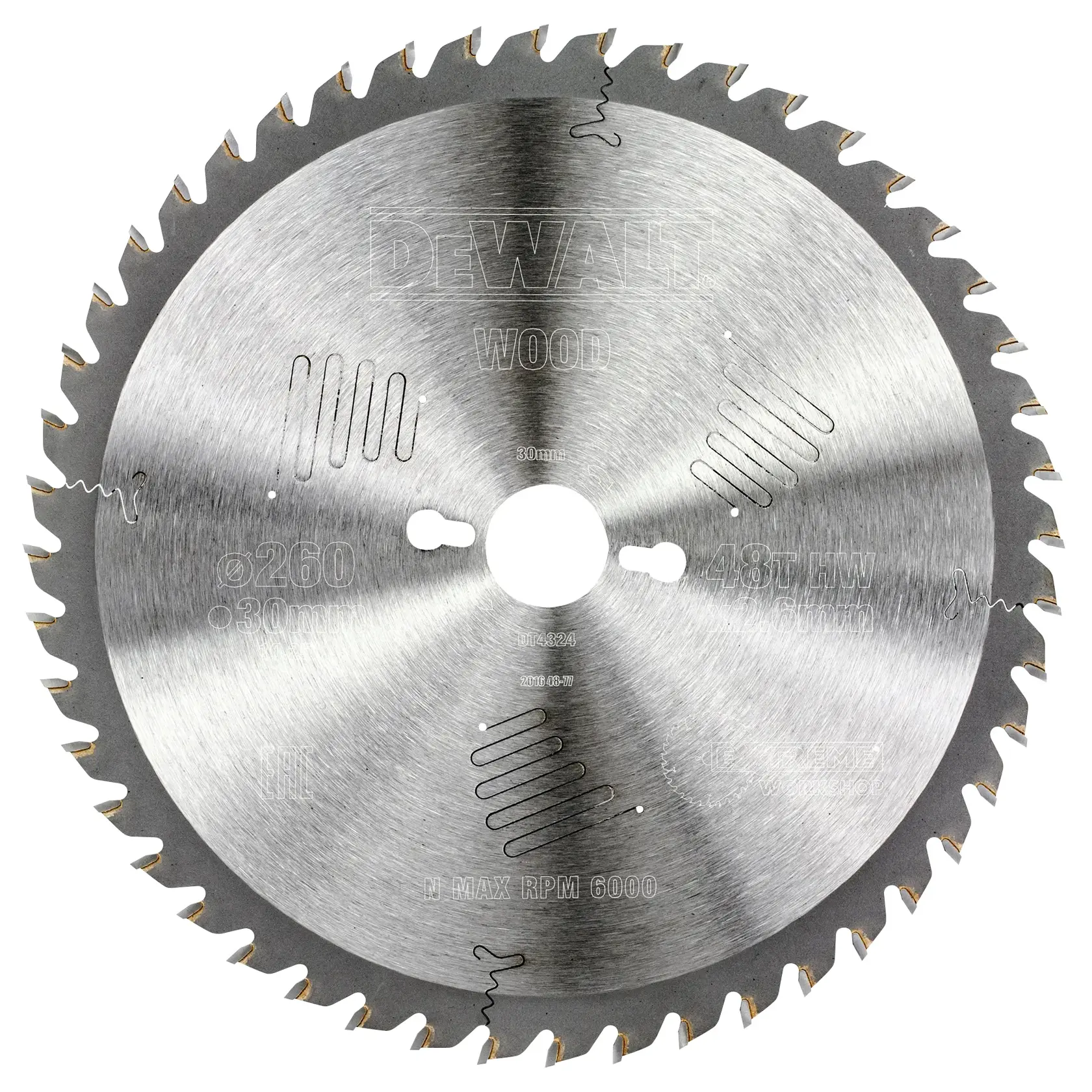 A circular saw blade for wood, made by DEWALT, with 48 teeth and a diameter of 260 mm. The blade is metallic with engraved specifications and central mounting hole.
