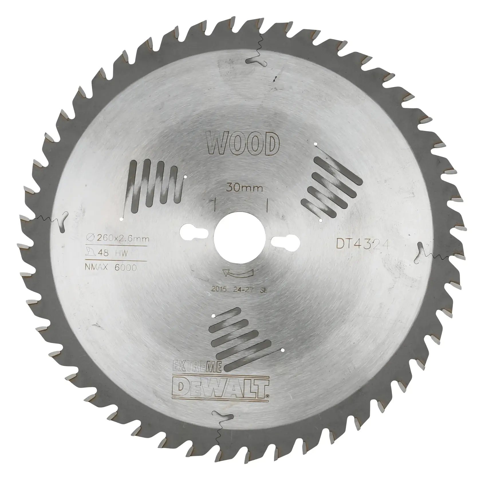 A circular saw blade for wood cutting from DEWALT, model DT4324, with 48 teeth and a 30mm arbor hole. Maximum speed marked as 6000 RPM.