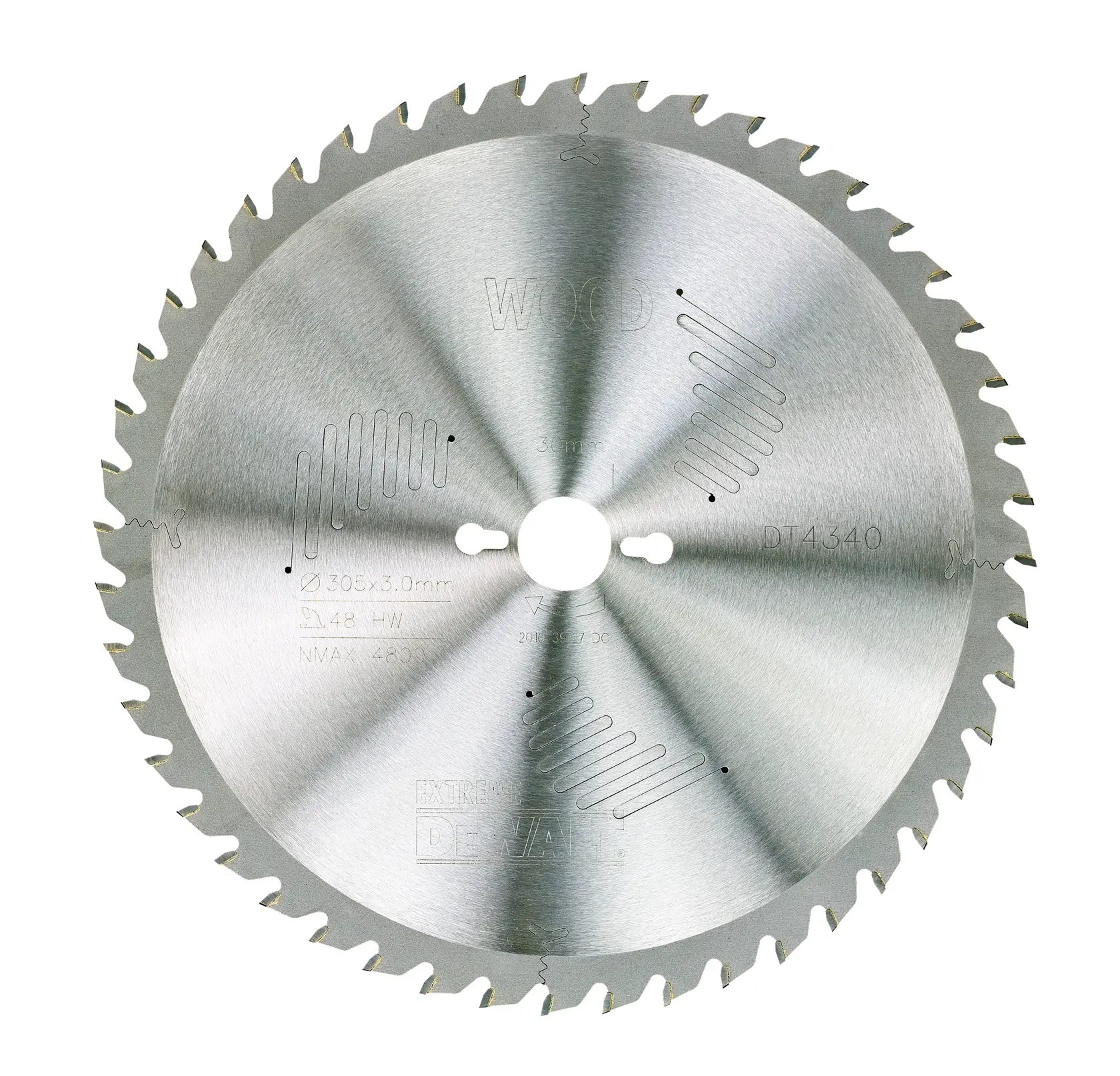 A DEWALT DT4340 circular saw blade for woodworking, showing a metallic disc with sharp teeth around the edge and engraved specifications on the surface.