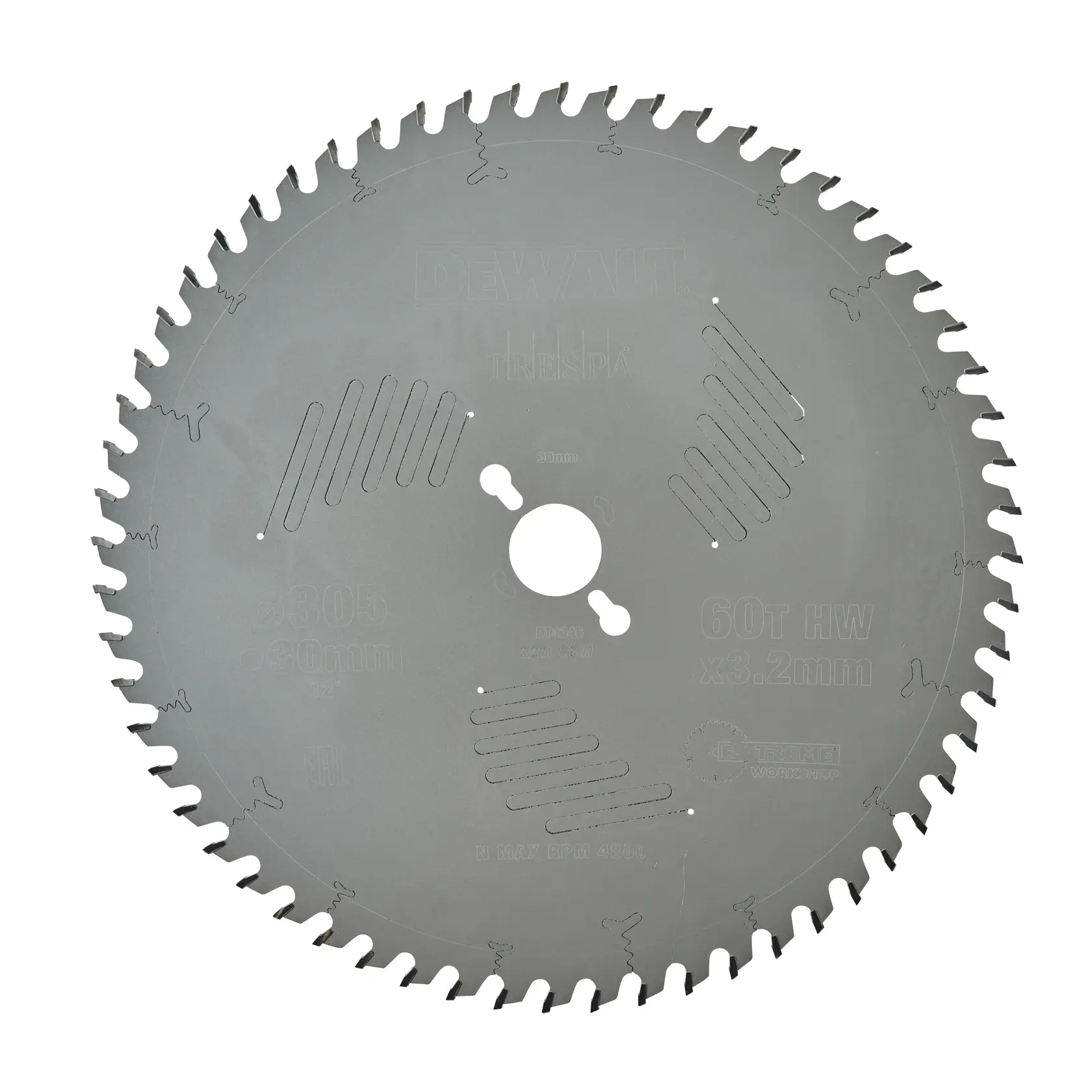 A DEWALT DT4346 circular saw blade with 60 teeth and precision cut slots. The blade is metallic, with detailed engravings indicating specifications such as 305 mm diameter, 30 mm arbor, and 3.2 mm thickness.