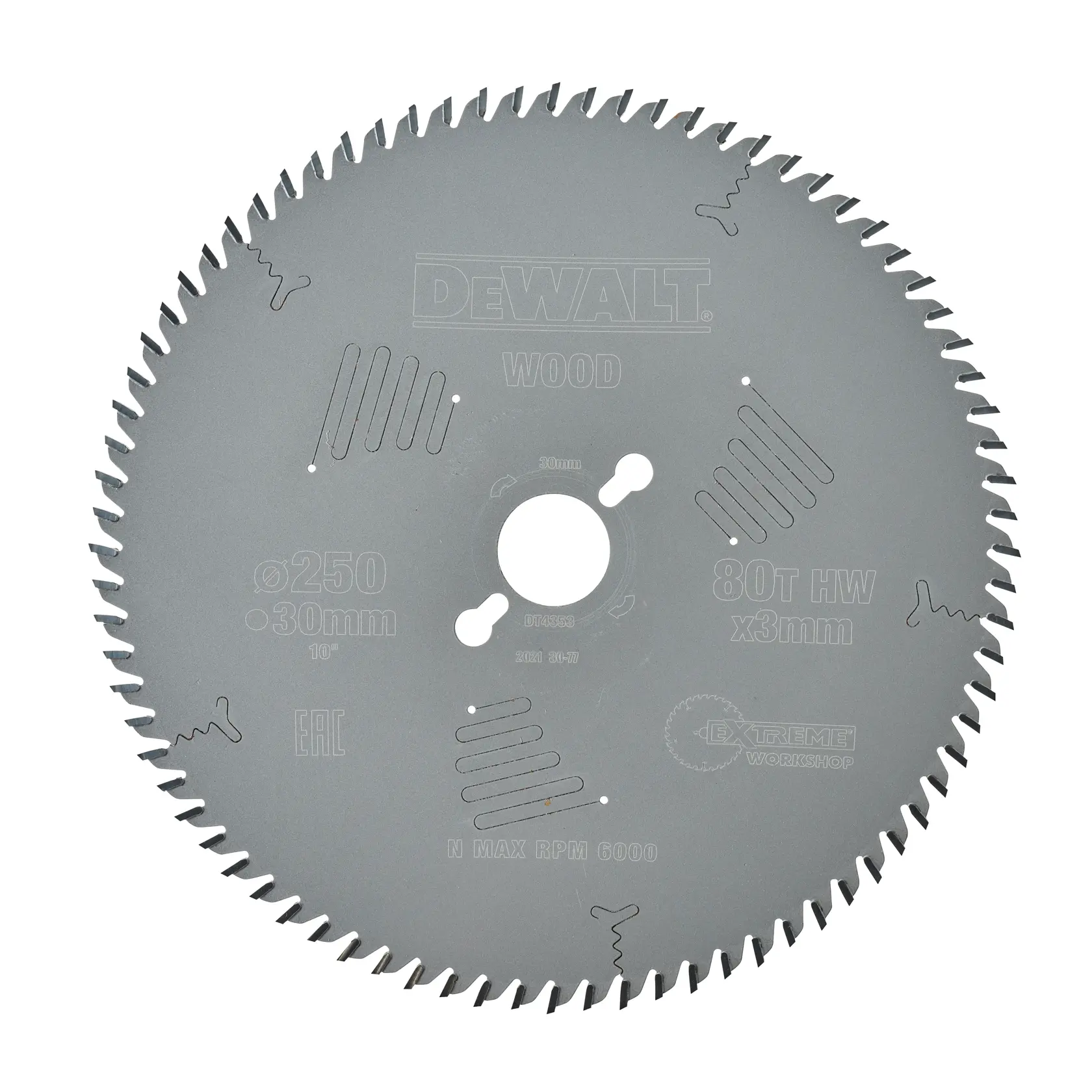 DEWALT DT4353 circular saw blade for wood, 250mm diameter, 80 teeth, 30mm bore, designed for precise cutting. The blade is silver with detailed markings, including specifications and brand logo.