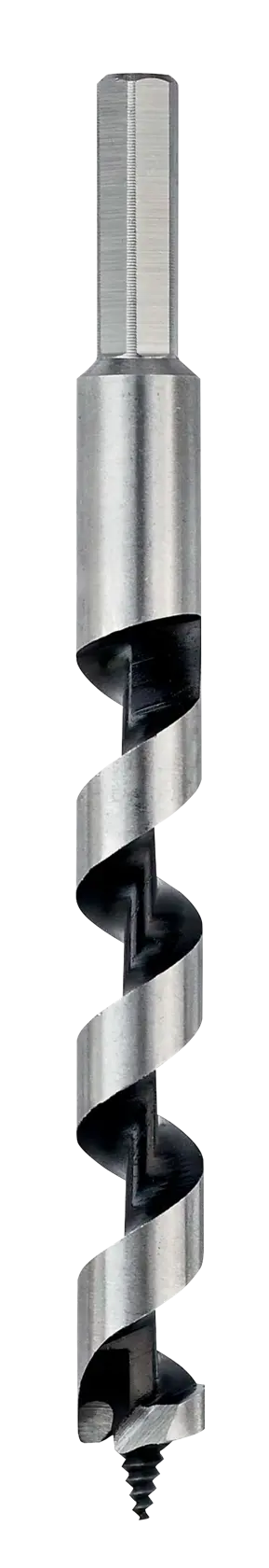 Metal auger drill bit with hex shank and spiral design for woodworking, shown vertically on a white background.