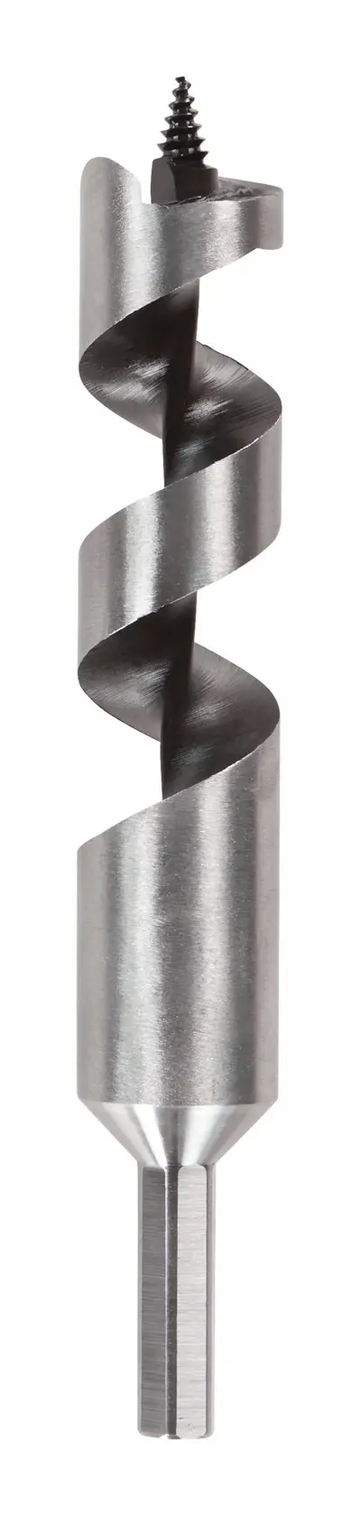 Metal DEWALT auger drill bit with a spiraled design and screw tip for wood drilling.
