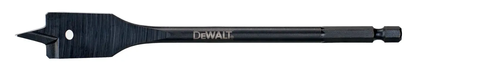 DEWALT flat wood drill bit with hex shank on a white background. Suitable for woodworking and carpentry tasks.