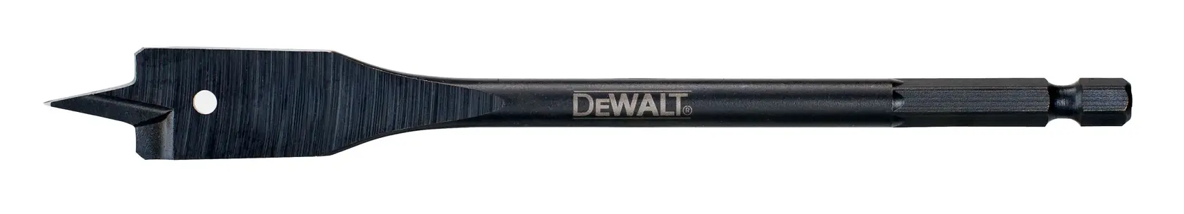 A DEWALT flat wood spade drill bit, used for drilling large holes in wood. The bit is black with a hex shank and a sharp, pointed tip on a wide flat blade.