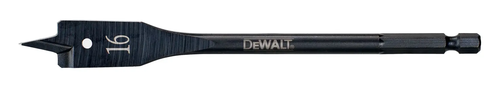 A DEWALT flat wood drill bit with a hex shank and a 16 mm size marking, designed for drilling holes in wood.
