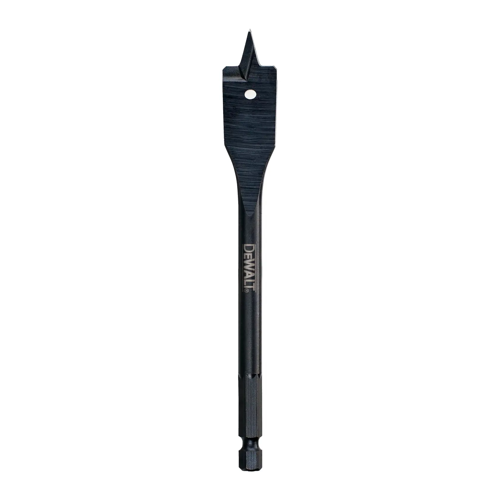 DEWALT flat wood drill bit with sharp point and hex shank, designed for fast drilling in wood surfaces.