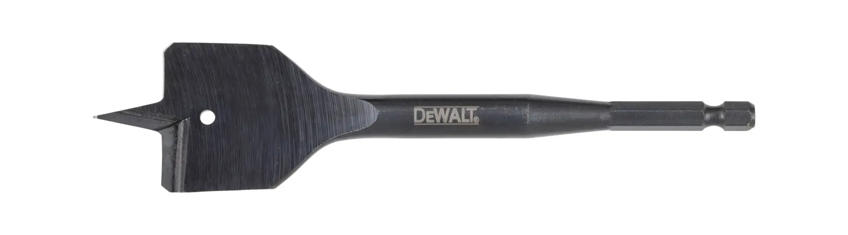DEWALT DT4773 flat wood drill bit with hex shank for fast drilling. Shown against white background.