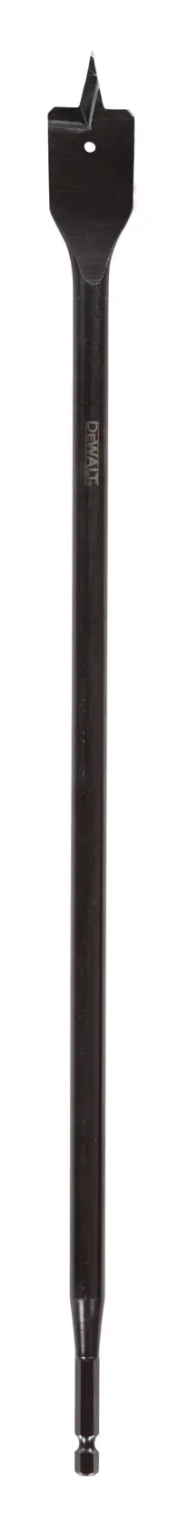 A DEWALT flat spade drill bit with a long shaft, suitable for drilling holes in wood.