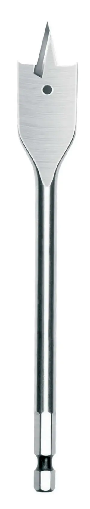 Flat wood drill bit with hex shank, designed for drilling large holes in timber and wood surfaces.