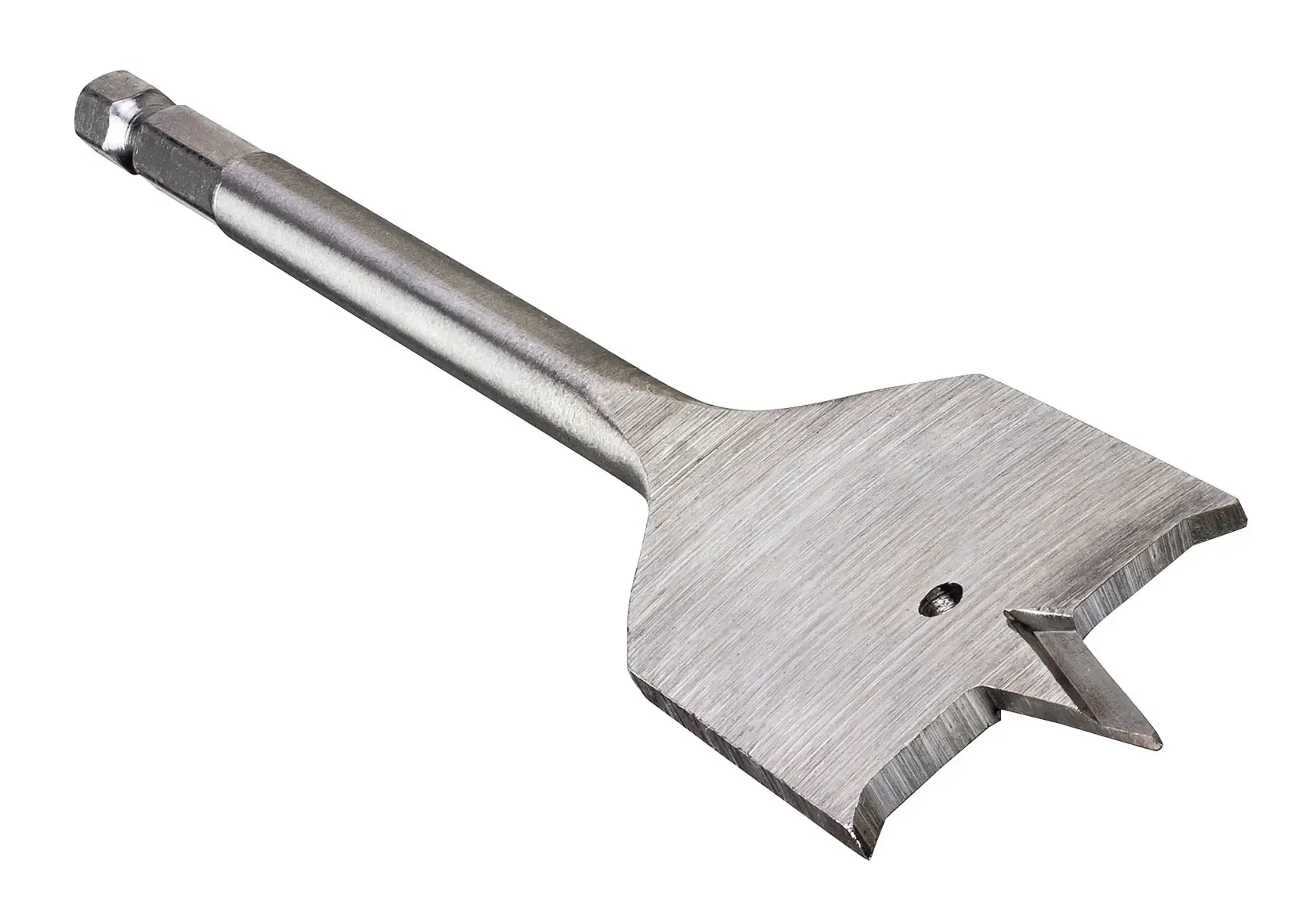 A close-up image of a DEWALT flat spade drill bit, designed for drilling large holes in wood. The bit has a hexagonal shank and a wide, flat cutting surface.