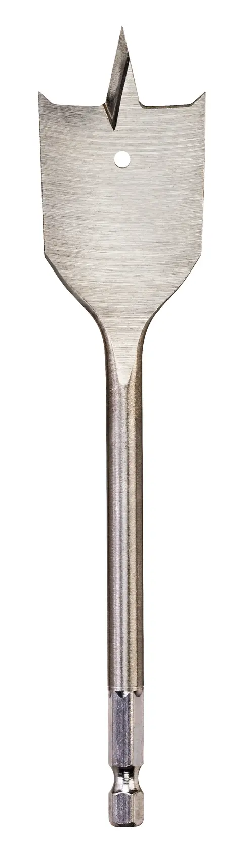 Flat spade drill bit for wood, with pointed tip and hex shank, isolated on a white background.