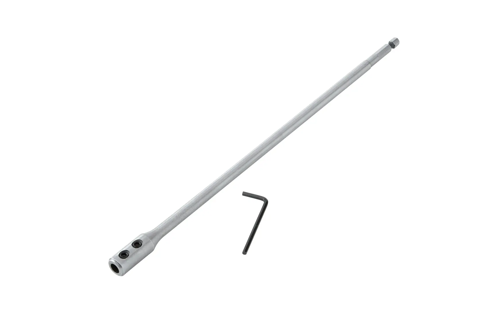 A metal drill extension bar and an L-shaped hex key tool on a white background.